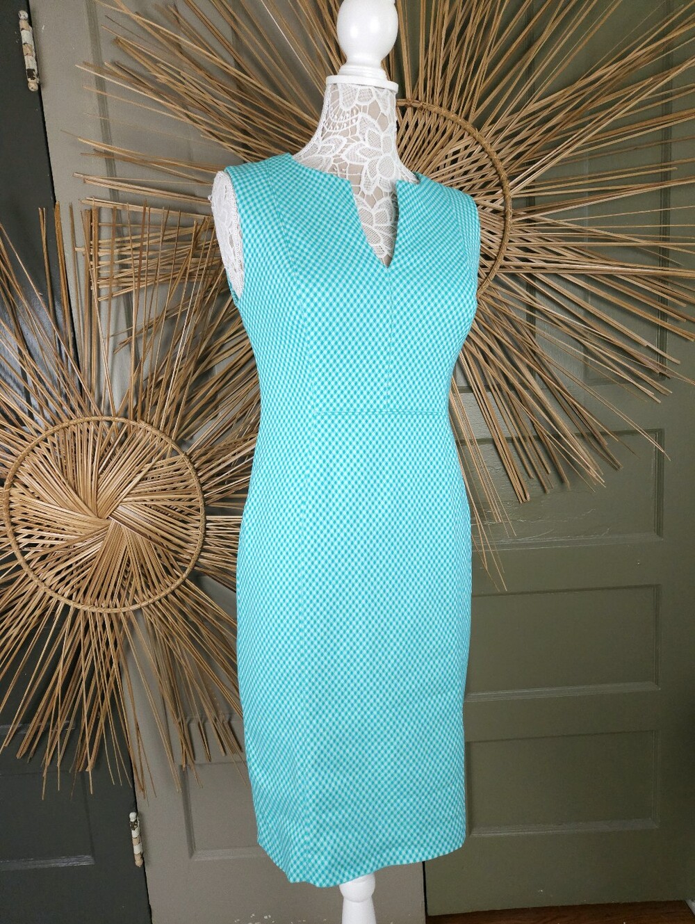 Chaps Aqua Teal Gingham Check Stretch Sheath Dress Women's 8